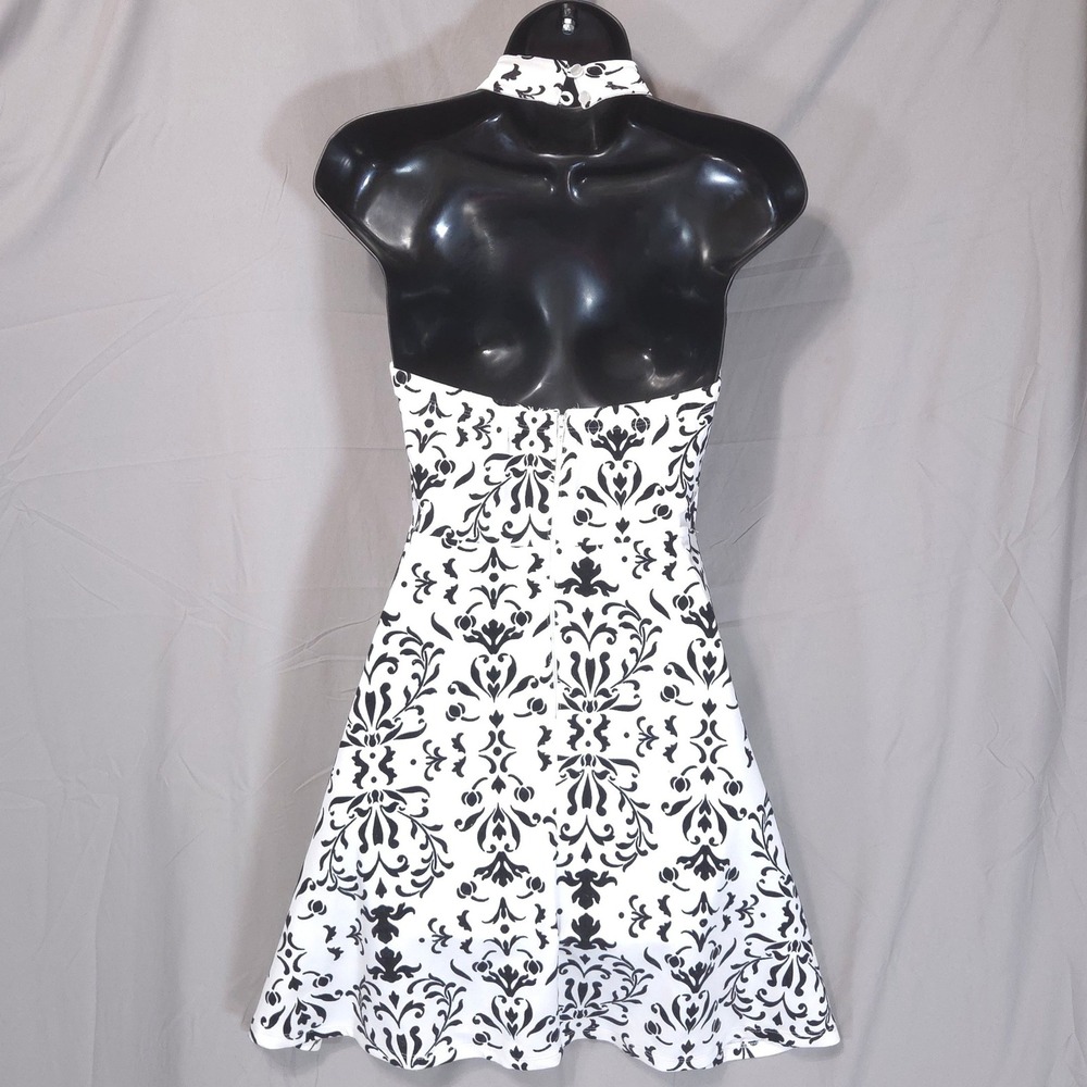 Damask Halter Keyhole Fit Flare Mini Dress Sz 5 Whimsigoth Coquette Black White - Picture 3 of 13
